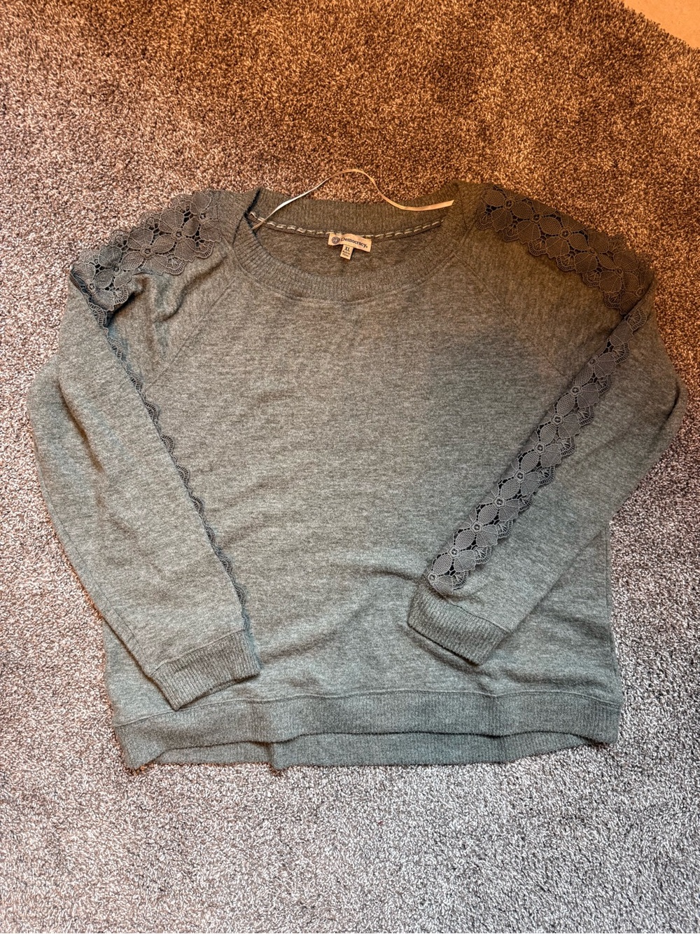 Democracy Olive Gray Crewneck Sweater with Lace-Trim Sleeves